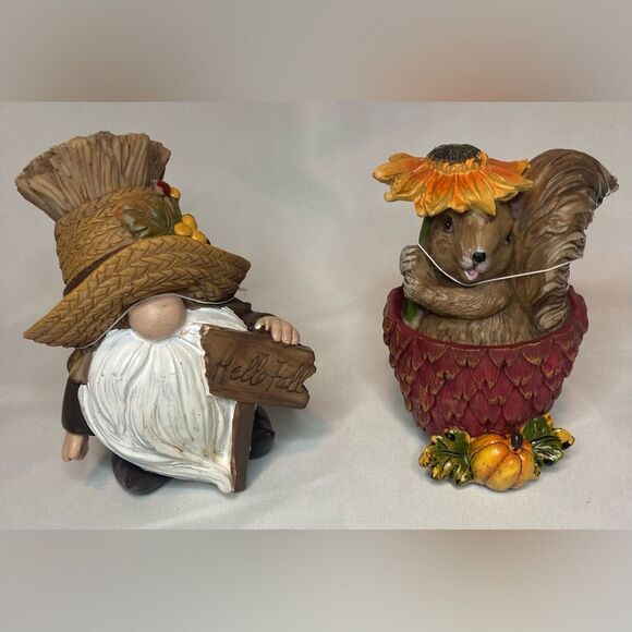 Gnome Squirrel Fall Thanksgiving Cornucopia Sunflower Pumpkin Harvest Resin - Picture 1 of 6